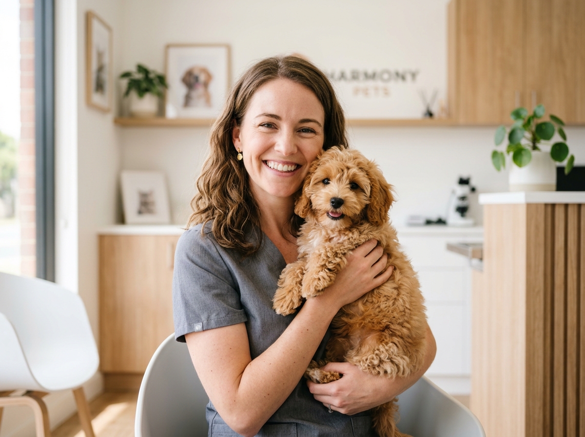 Smiling veterinarian warmly holding a fluffy healthy puppy