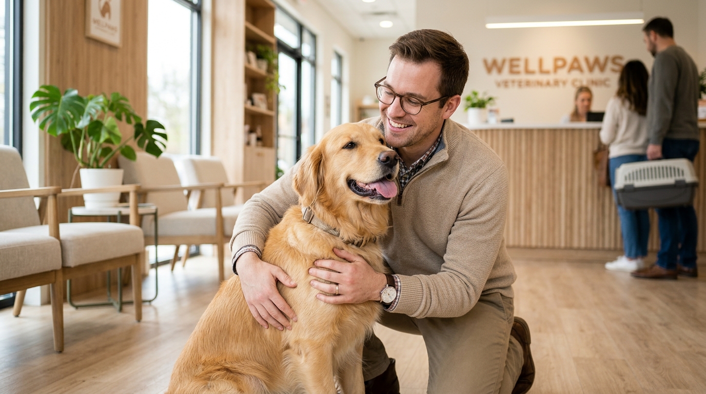 Smiling man with eyeglasses embracing happy golden retriever