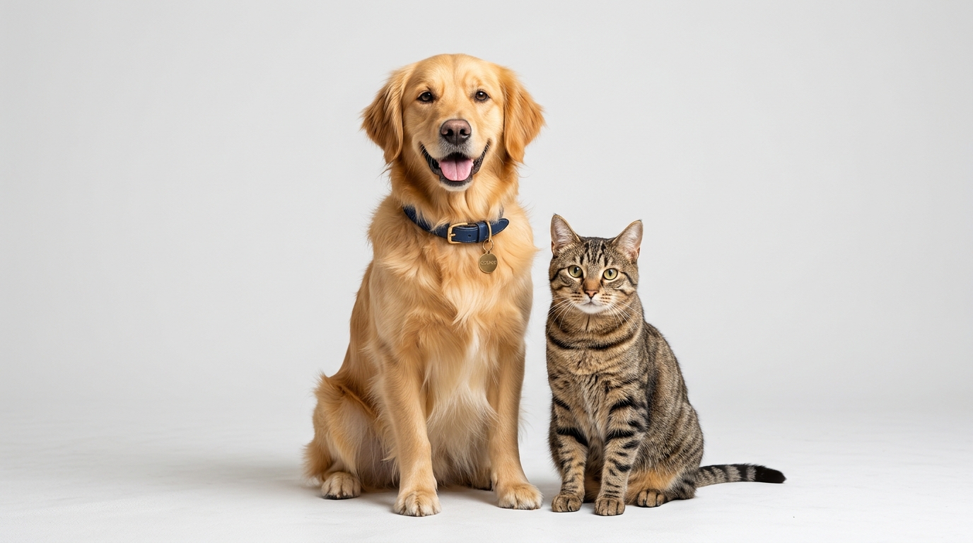 Golden retriever sitting beside an adorable tabby cat