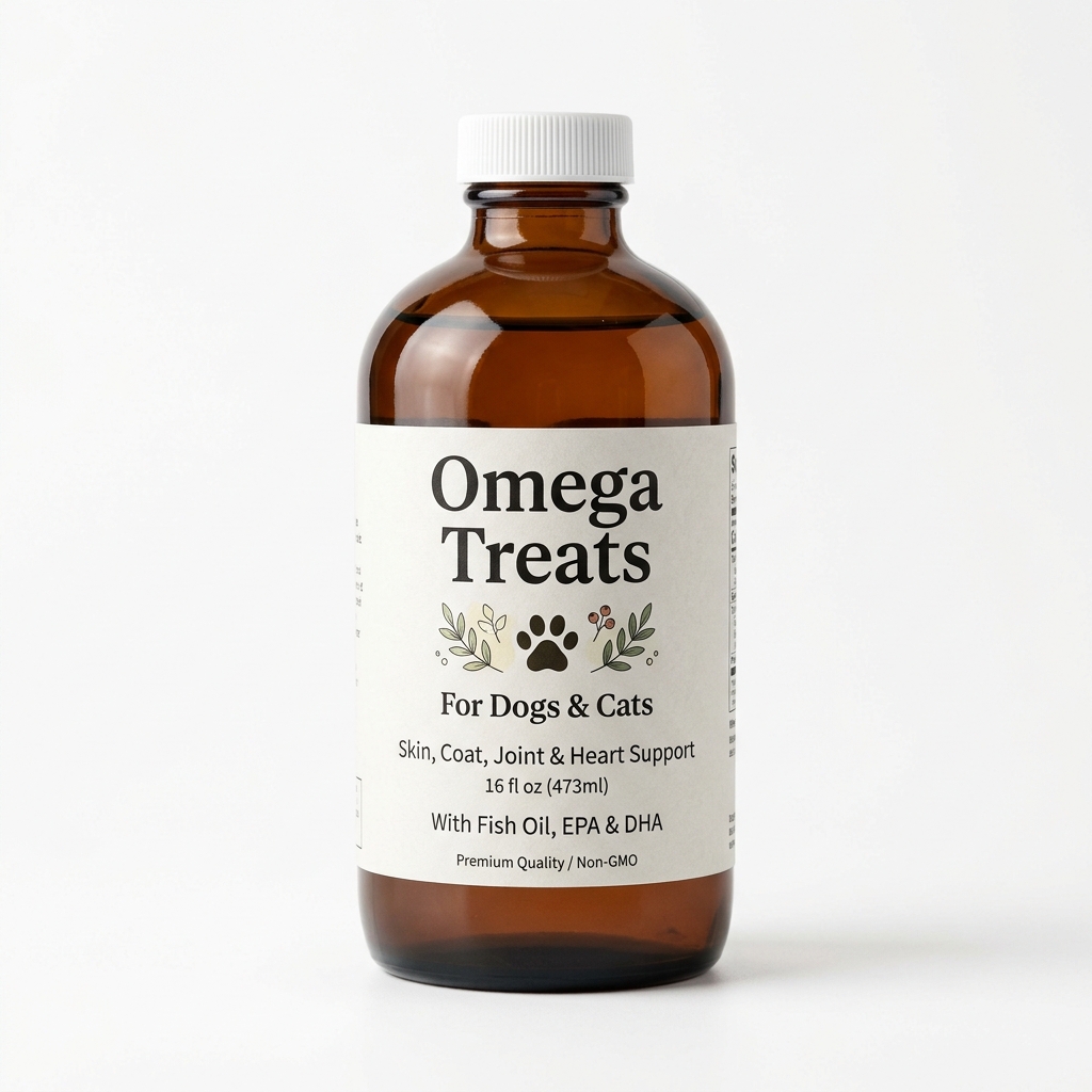 Omega Treats pet nutritional health supplements bottle